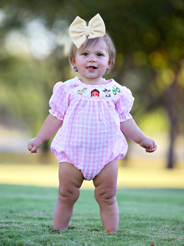 farm-pink-smocking-embroidered-girls-romper Rylee Faith Designs - Sophia's StyleRomper-1